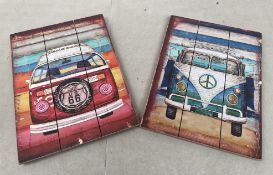 4 Pairs of Vintage Style Prints on Wooden Backing Boards Ready to Hang (Vintage Camper Van)
