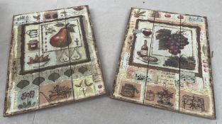 4 Pairs of Antique Vintage Style Prints on Wooden Backing Boards Ready to Hang (Fruit)