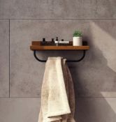 Brand New Boxed Bathroom Wall Shelf & Hanging Towel Rail - Mango Oak & Black RRP £20 **No Vat**