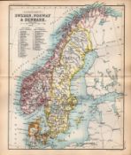 Sweden Norway Denmark Double Sided Coloured Victorian Antique 1896 Map.
