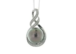 18ct White Gold Diamond And Pearl Drop Pendant (PL1.00) 0.21 Carats