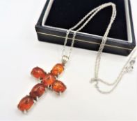 Sterling Silver Baltic Amber Cross Pendant Necklace New With Gift Pouch