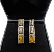 Sterling Silver Baltic Amber Drop Bar Earrings With Gift Pouch