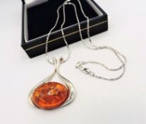 Artisan Sterling Silver Baltic Amber Pendant Necklace With Gift Box