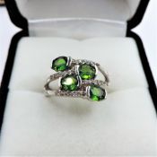 Green Diopside & White Topaz Ring Sterling Silver New With Gift Pouch