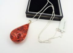 Sterling Silver Chunky Baltic Amber Teardrop Pendant Necklace New With Gift Pouch
