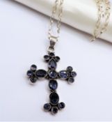 Vintage Sapphire Cross Pendant 12 Carats Sterling Silver