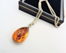 Sterling Silver Baltic Amber Pendant Necklace