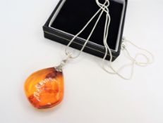 Sterling Silver Chunky Amber Pendant Necklace New With Gift Pouch