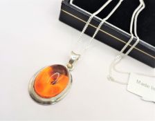 Sterling Silver Amber Pendant Necklace New With Gift Pouch