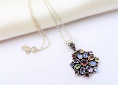 Multi Gemstone Pendant Necklace Sterling Silver