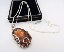 Artisan Sterling Silver Amber Oval Pendant Necklace New With Gift Box