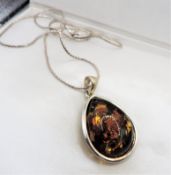 Sterling Silver Amber Pendant Necklace With Gift Pouch