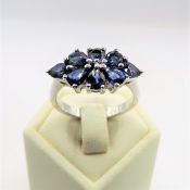 Sterling Silver Pear Cut Sapphire & Diamond Ring 'New' With Gift Pouch