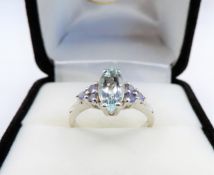 Aquamarine & Tanzanite Ring Sterling Silver New With Gift Pouch