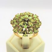 18K Gold On Silver Ring Set With 23 Pear Cut Peridot Gemstones - New With Gift Box