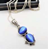 Vintage Artisan Sterling Silver Cobalt Blue Cats Eye Pendant Necklace