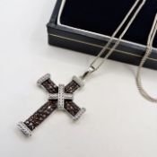 Platinum On Silver Cognac Diamond Cross Pendant Necklace New With Gift Box