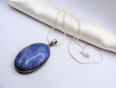 Artisan Chunky Blue Agate Pendant Necklace Sterling Silver