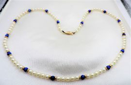 9k Gold Akoya Pearl Lapis Lazuli Bead Necklace With Gift Box