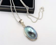 Sterling Silver Blue Cultured Pearl Pendant Necklace.