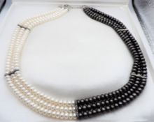Triple Strand Grey & White Cultured Pearl Necklace Silver Clasp New With Gift Box