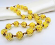 Vintage Murano Glass Necklace Yellow Beads With Gold Aventurine