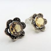 Sterling Silver 6CT Citrine & Marcasite Clip On Earrings