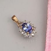 NEW!! 9K Yellow Gold Tanzanite and Natural Cambodian Zircon Halo Pendant
