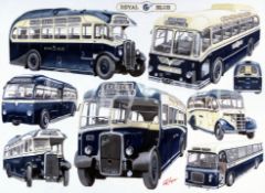 Royal Blue Dorset Bus Montage Large Metal Wall Art.