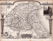 Yorkshire East Riding Steel Engraved Antique Thomas Moule Map.
