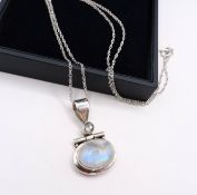 Vintage Sterling Silver Cabochon Moonstone & Aquamarine Pendant Necklace