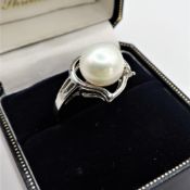 Sterling Silver Cultured Pearl & Diamond Ring New with Gift Pouch