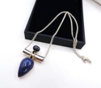 Vintage Teardrop Cabochon Lapus Lazuli Pendant Necklace Sterling Silver