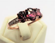 Rose Gold on Sterling Silver Trilogy Garnet Diamond Ring NEW with Gift Pouch
