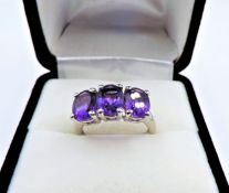Trilogy Amethyst Ring Sterling Silver 3.75 carats New with Gift Pouch