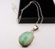 Sterling Silver Cabochon Striped Green Agate Pendant Necklace New with Gift Pouch