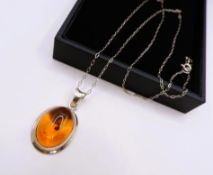 Sterling Silver Baltic Amber Pendant Necklace New with Gift Pouch