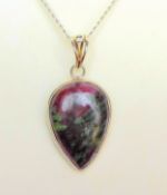Artisan Sterling Silver Teardrop Cabochon Ruby in Zoisite Pendant Necklace