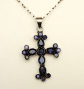 Vintage Sterling Silver Sapphire Cross Pendant Necklace 12 carats