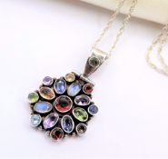 Vintage Sterling Silver Tutti Frutti Multi Gemstone Pendant Necklace