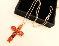 Sterling Silver Cabochon Amber Cross Necklace New with Gift Pouch