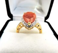 18k Gold On Sterling Silver Sunstone & Diamond Ring New With Gift Pouch