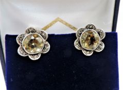 Sterling Silver 6CT Citrine & Marcasite Clip on Earrings