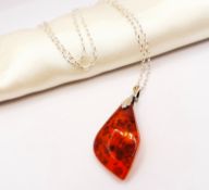 Sterling Silver Baltic Amber Pendant Necklace New with Gift Pouch