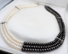 Triple Strand Grey & White Cultured Pearl Necklace Silver Clasp New with Gift Box
