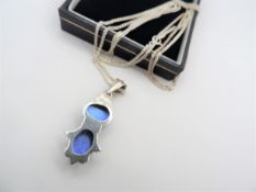 Vintage Artisan Sterling Silver Cobalt Blue Cats Eye Pendant Necklace