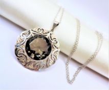 Vintage Sterling Silver 41ct Smokey Quartz Pendant Necklace Birmingham Hallmark Date 1954