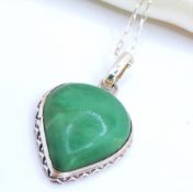 Sterling Silver Artisan Cabochon Green Agate Teardrop Pendant Necklace