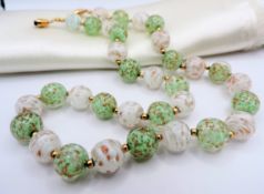 Vintage Murano Glass Necklace Green & White Beads with Gold Aventurine